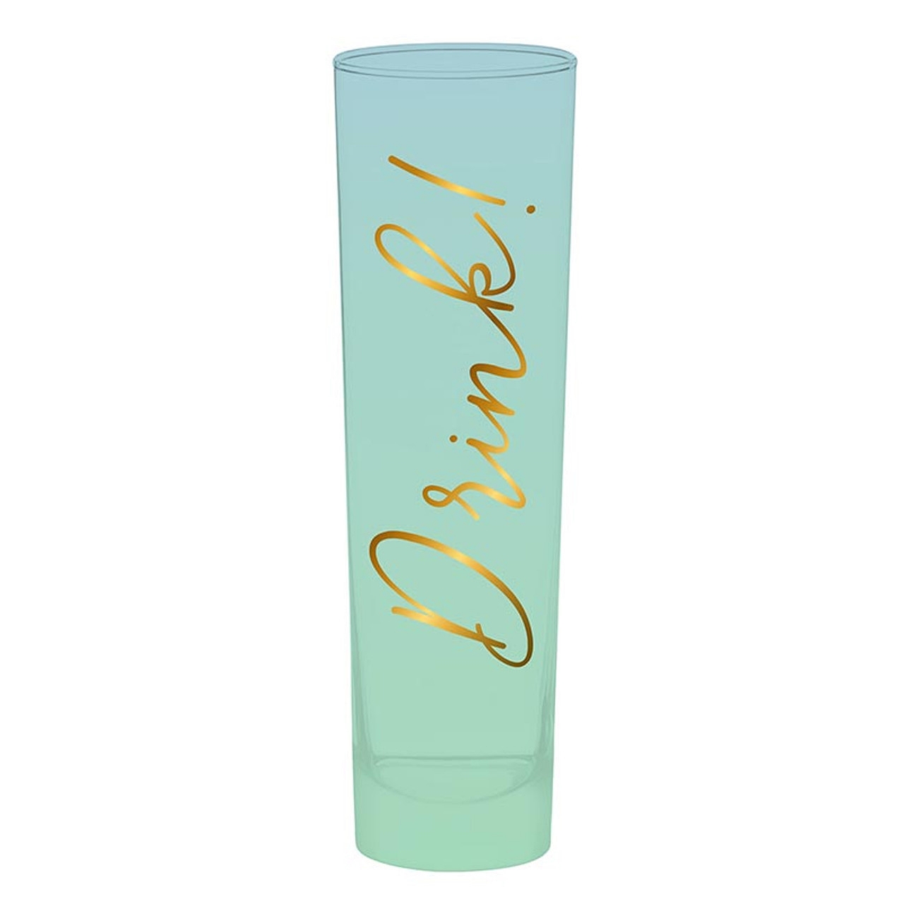 Gold-Foil Script 'Drink!' Design Mint-Colored Tall Champagne Glasses (Set of 6)
