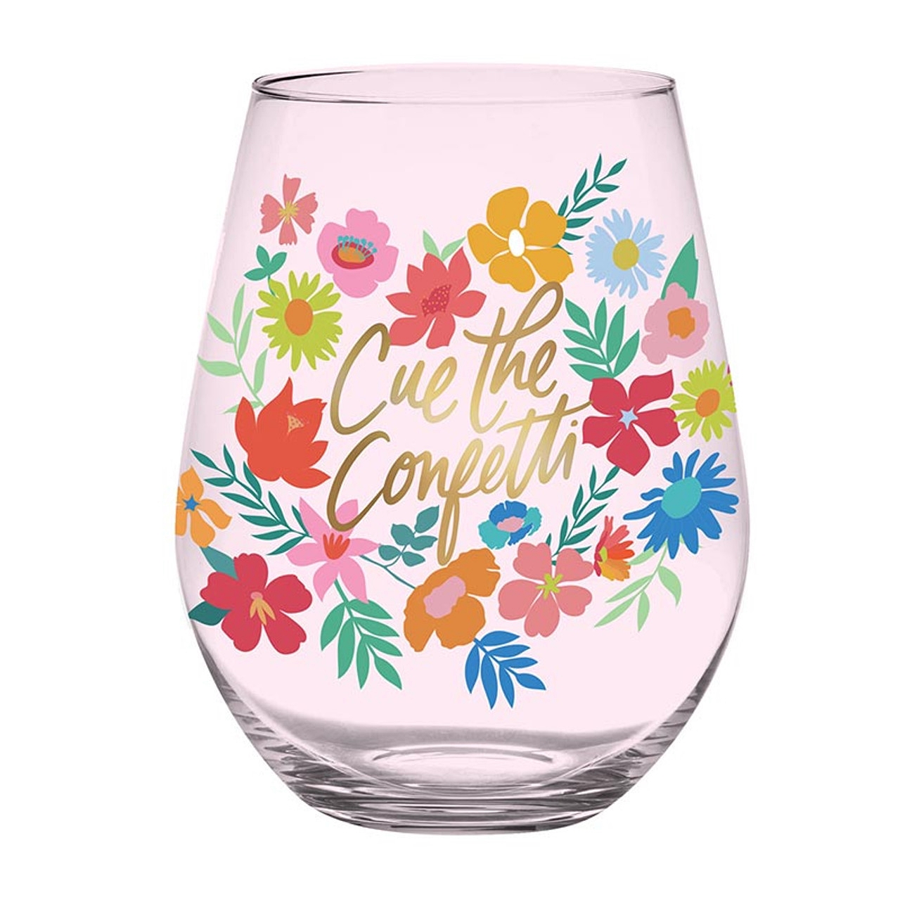 Floral 'Cue the Confetti' Design Jumbo 30oz Stemless Wine Glasses (Set of 6)