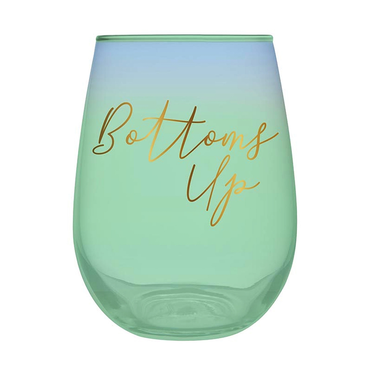 'Bottoms Up' Design on Blue-Green Ombre 20oz Stemless Wine Glasses (Set of 6)