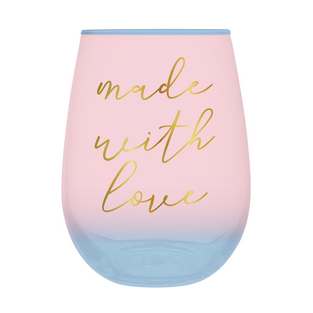 'Made with Love' Design on Pink-Blue Ombre 20oz Stemless Wine Glasses (Set of 6)