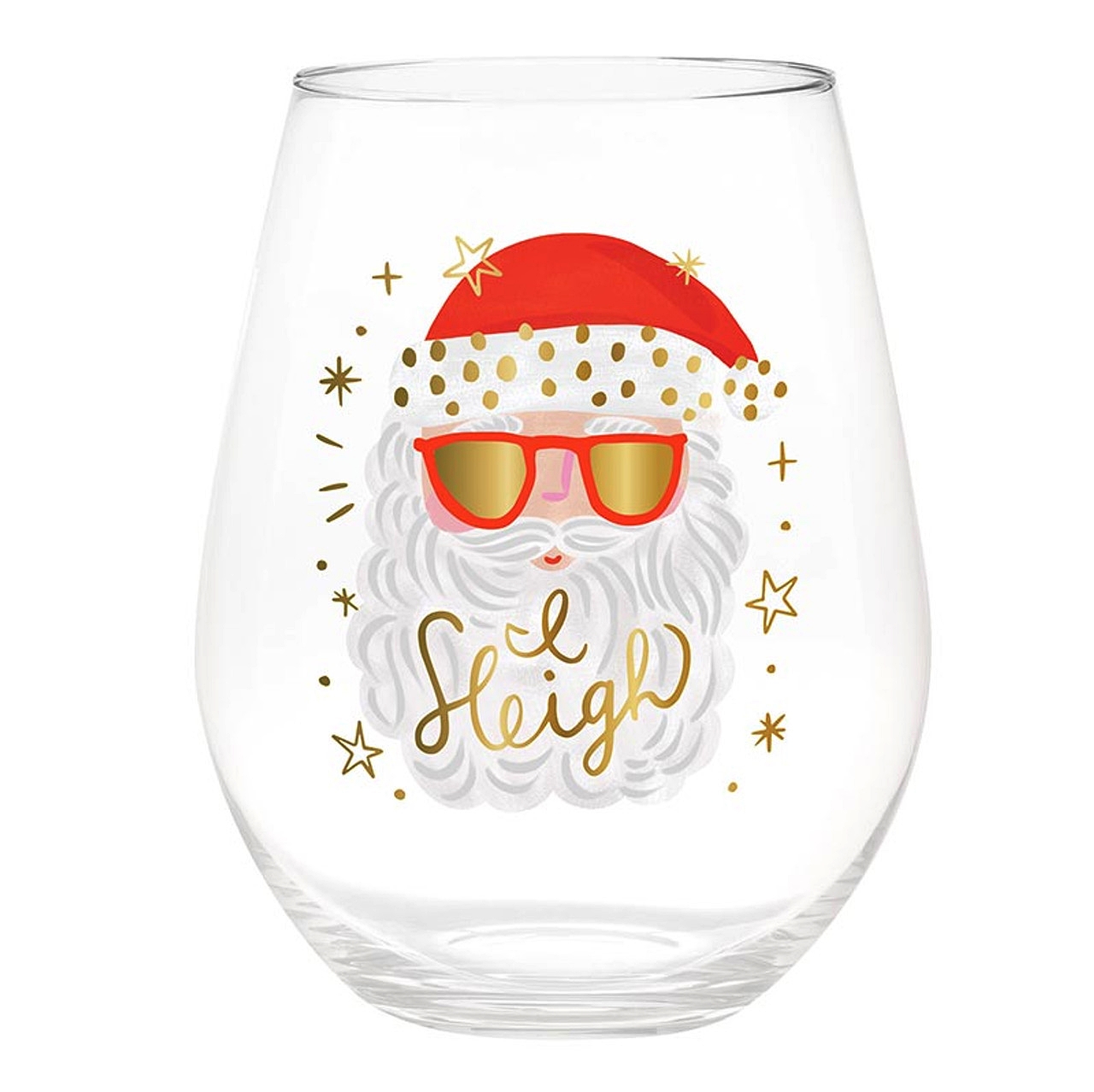 Jumbo 'I Sleigh' Santa in Sunglasses Design 30oz Stemless Wine Glasses (Set of 6)