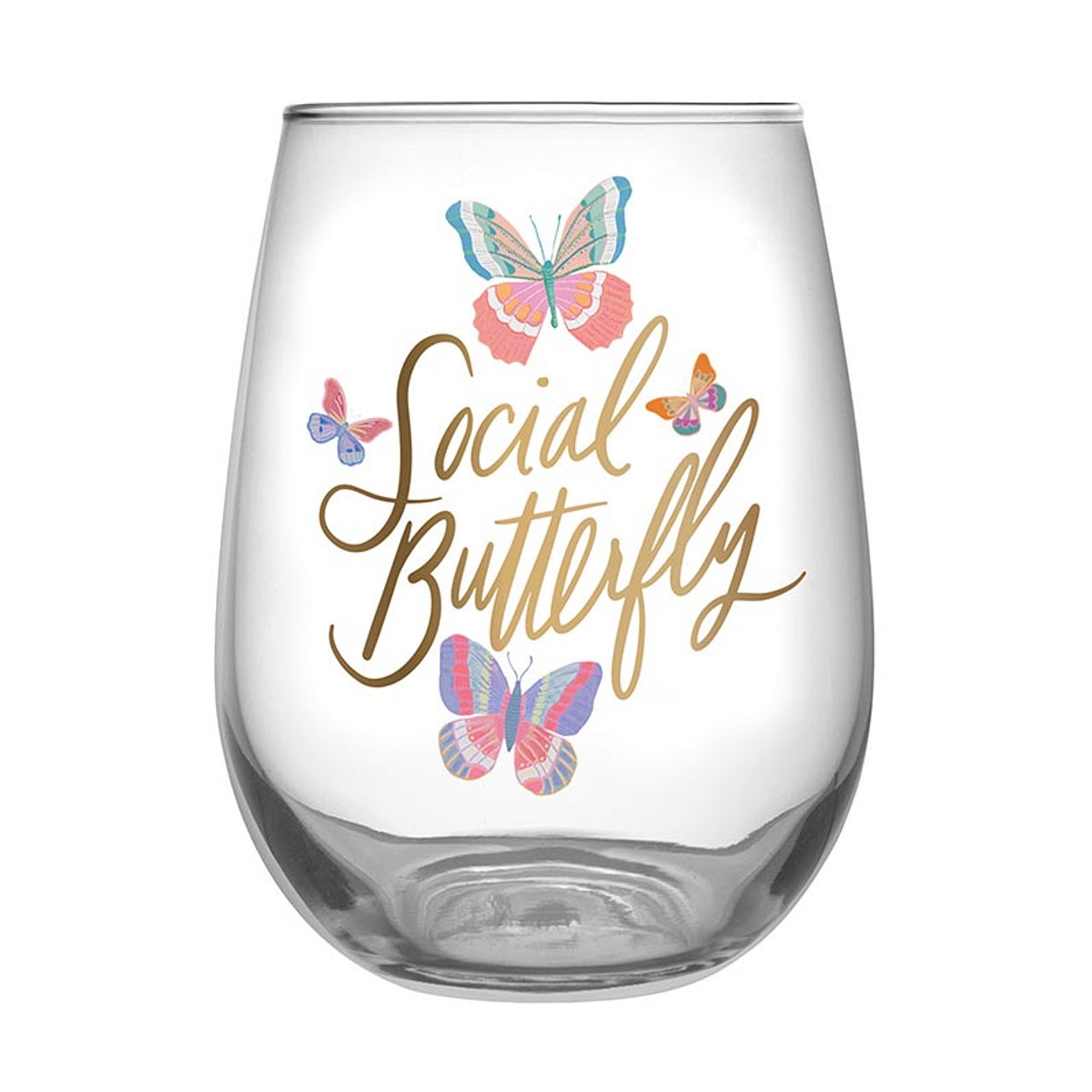 Colorful Social Butterfly Design 20oz Stemless Wine Glasses (Set of 6)