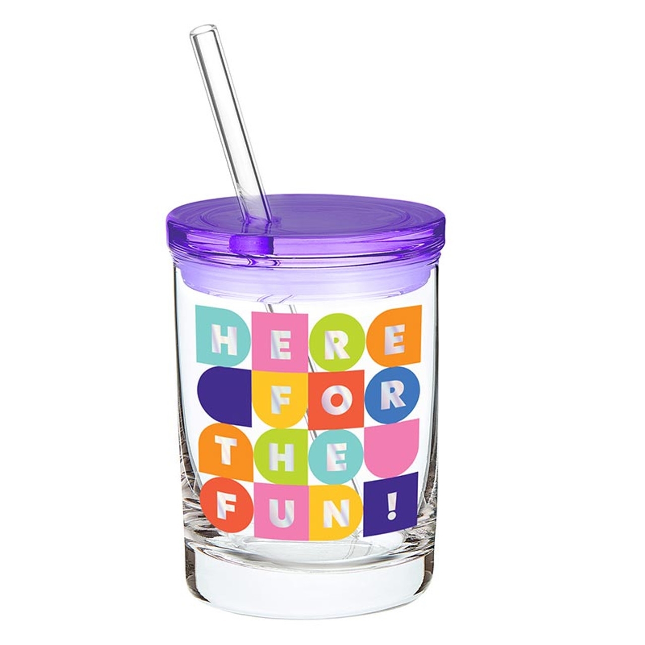 'Here For The Fun!' Design Glass DOF Tumblers with Lids and Straws (Set of 6)