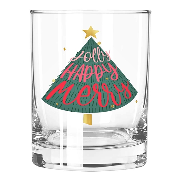 'Jolly Happy Merry' Christmas Tree Design 12oz DOF Glasses (Set of 6)