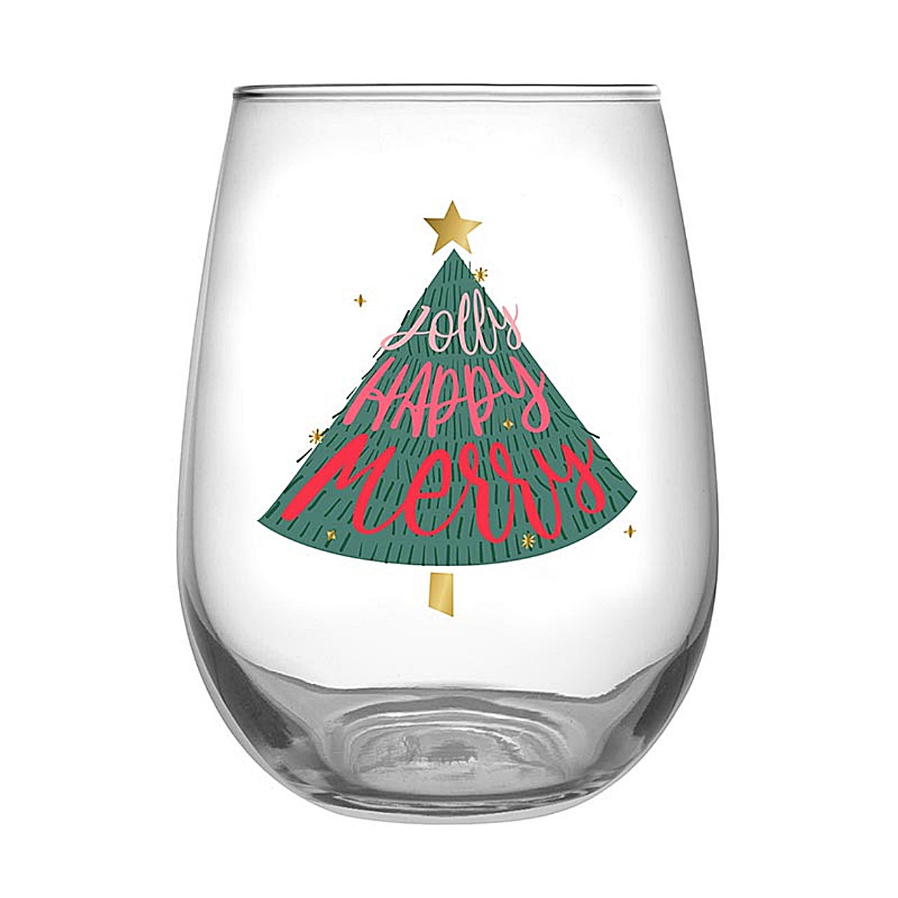 'Jolly Happy Merry' Christmas Tree Design 20oz Stemless Wine Glasses (Set of 6)