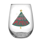 'Jolly Happy Merry' Christmas Tree Design 20oz Stemless Wine Glasses (Set of 6)