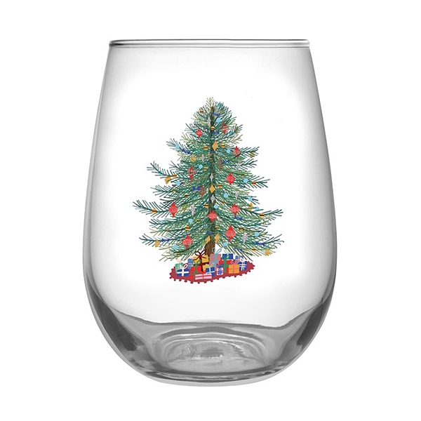 Traditional Christmas Tree Design Stemless Wine Glasses (Set of 6)