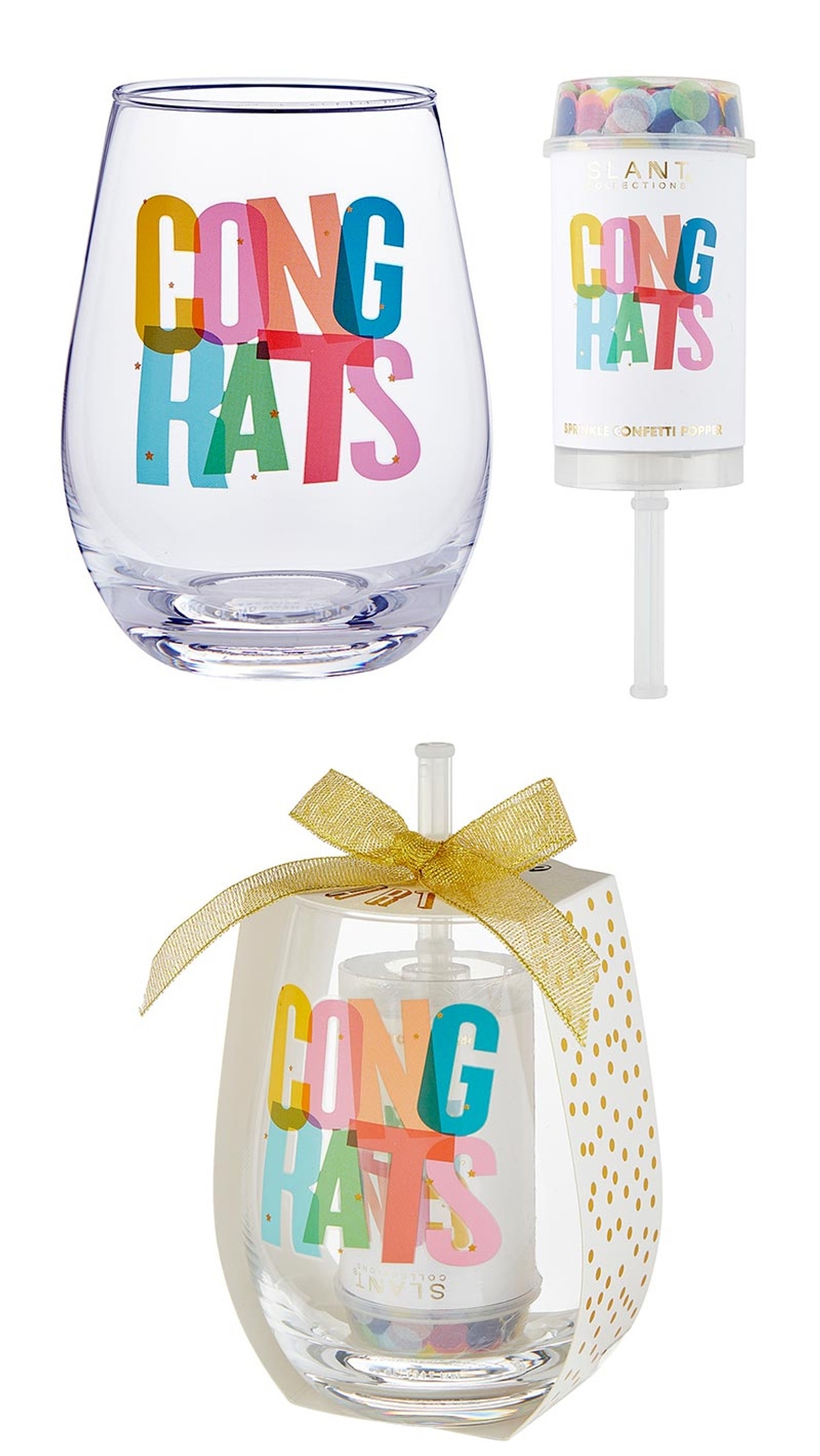 CONGRATS Design Stemless Wineglasses & Push-Pop Confetti Poppers (Set of 6)