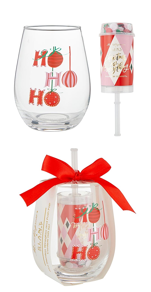 'HO HO HO' Design 20oz Stemless Wine Glass & Push-Popper (2 Gift-Sets)