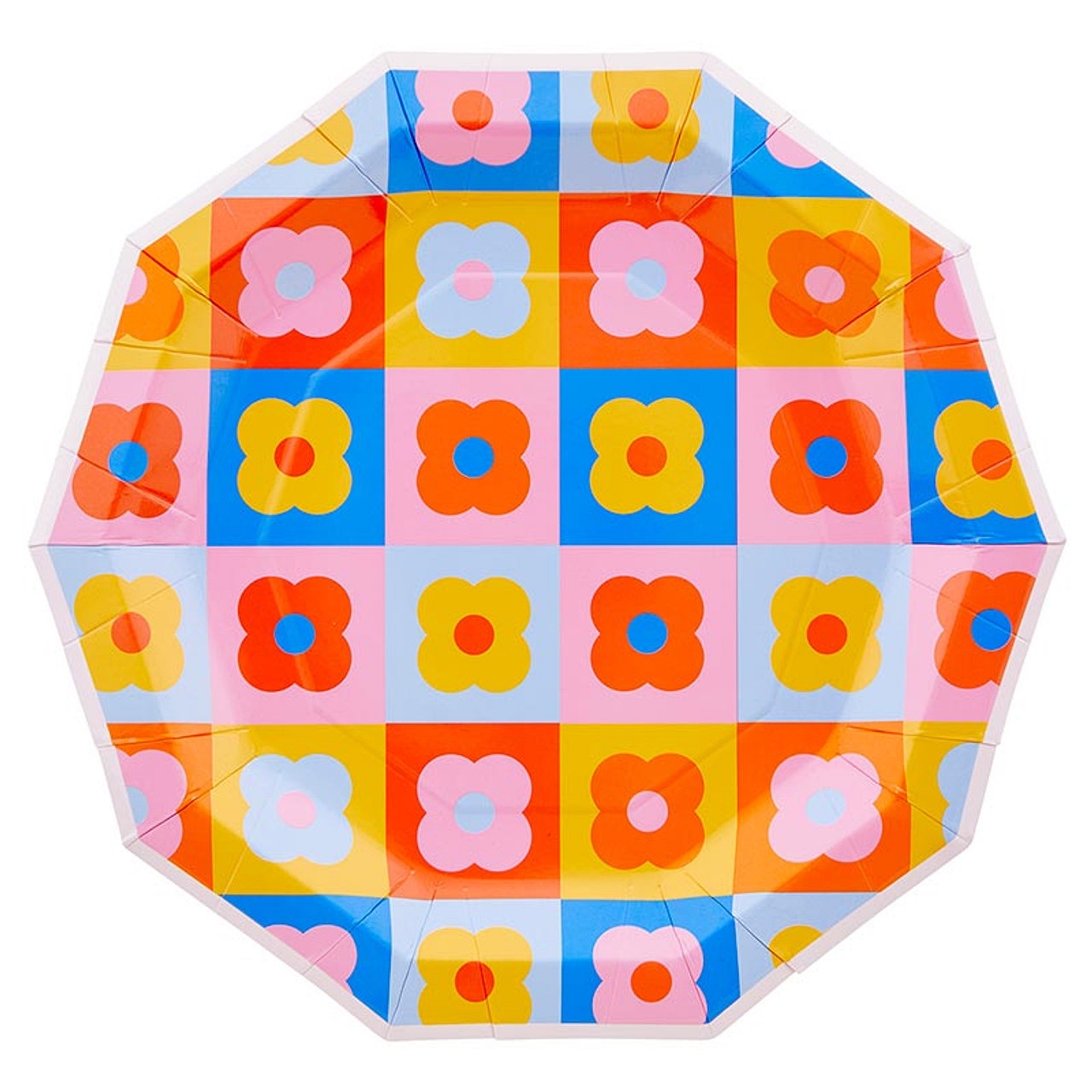 Colorful Retro Flowers Design Decagon-Shaped Paper Plates (Set of 48)
