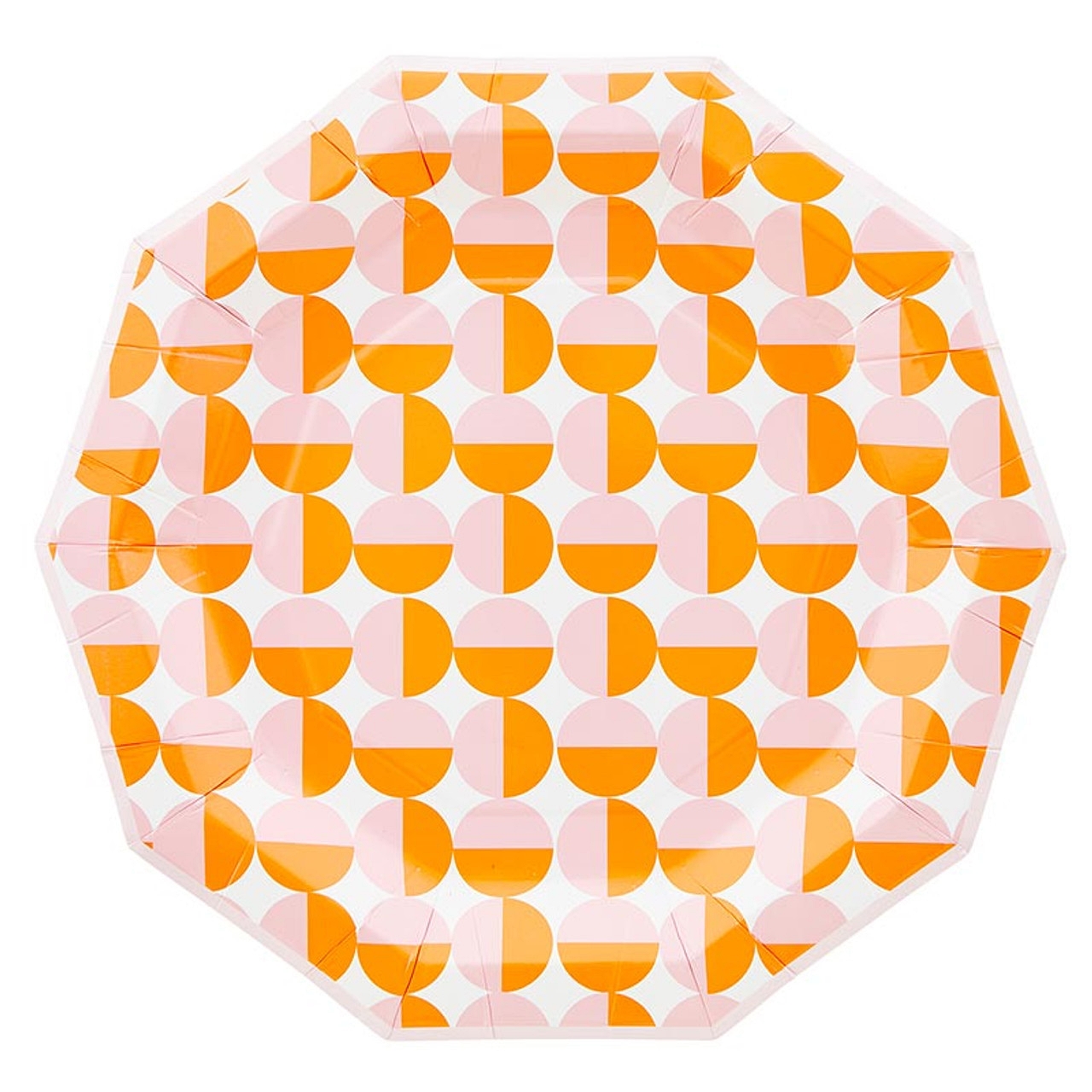 Pink-and-Orange Retro Rounds Motif Decagon-Shaped Paper Plates (Set of 48)