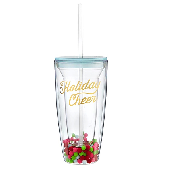 'Holiday Cheer' Double-Walled Travel Tumblers with Pom Poms (Set of 4)