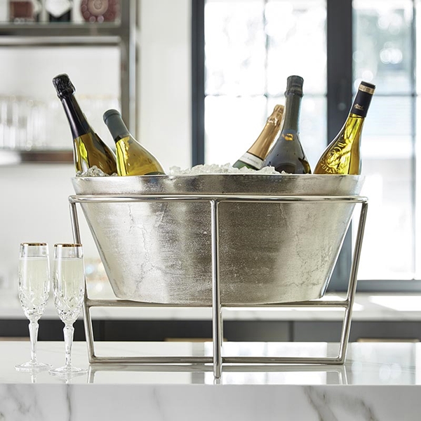 Large Silver-Finish Brushed-Aluminum Champagne + Wine Bucket with Stand