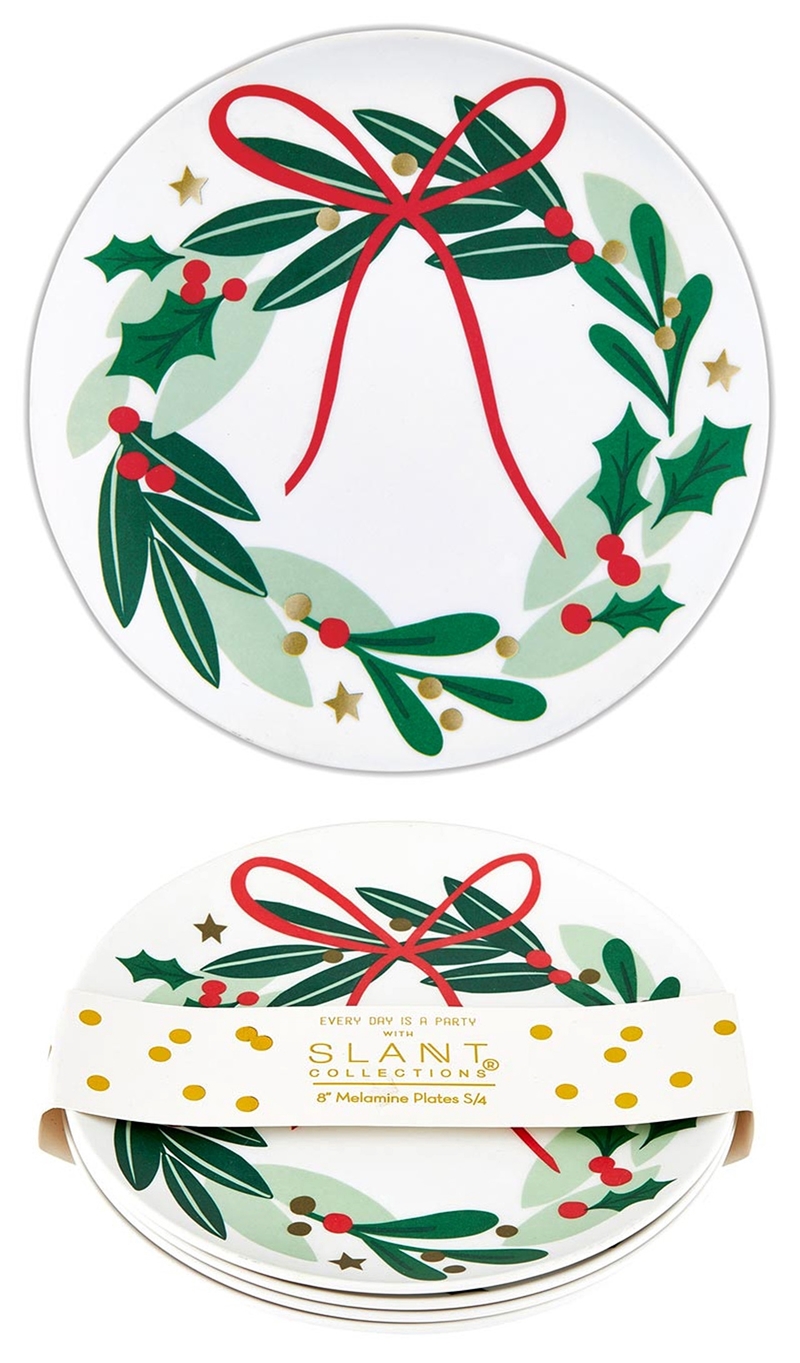 Christmas Wreath with a Red Bow Design Melamine Plates (Set of 4)
