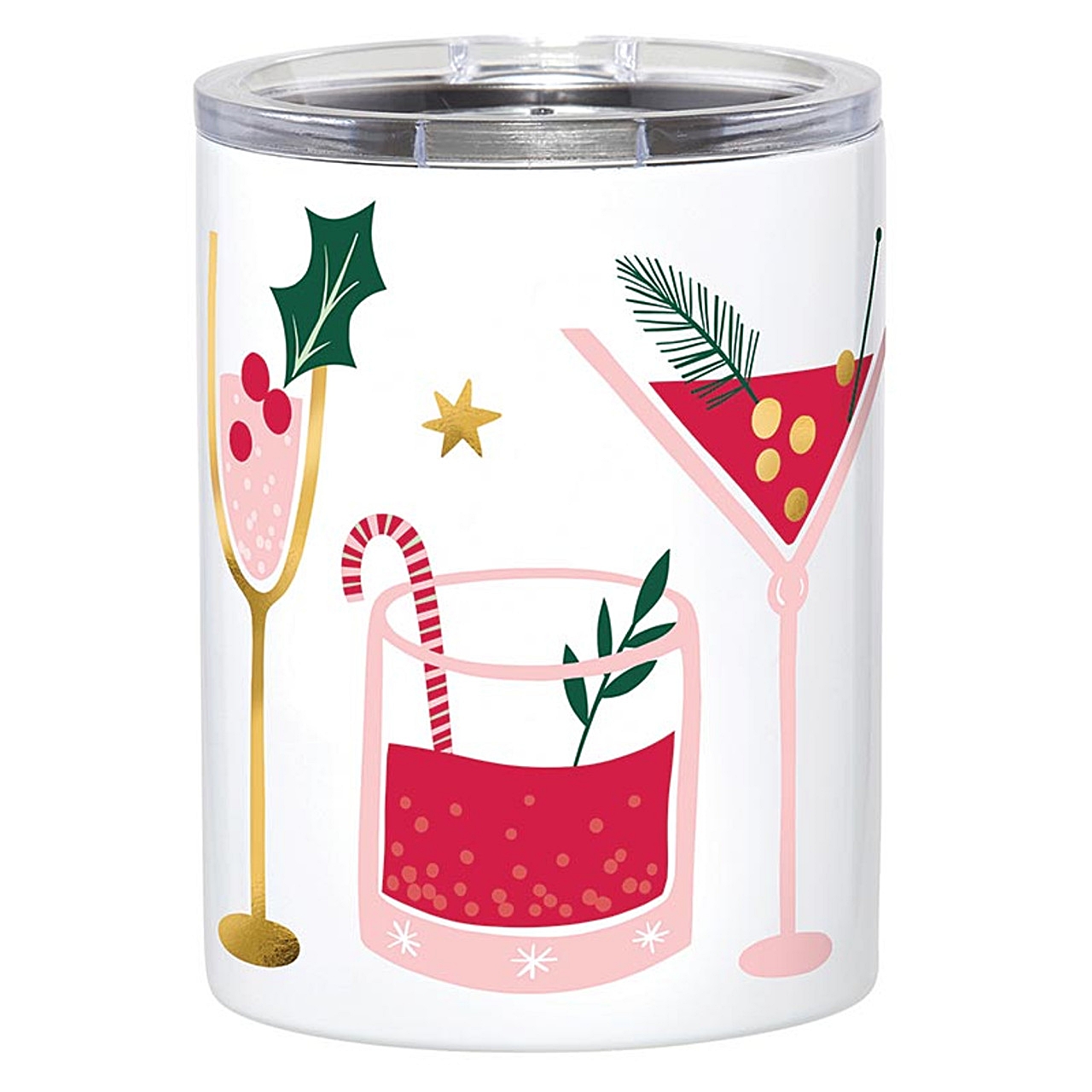 Festive Holiday Drinks Motif White Stainless-Steel Tumblers (Set of 4)