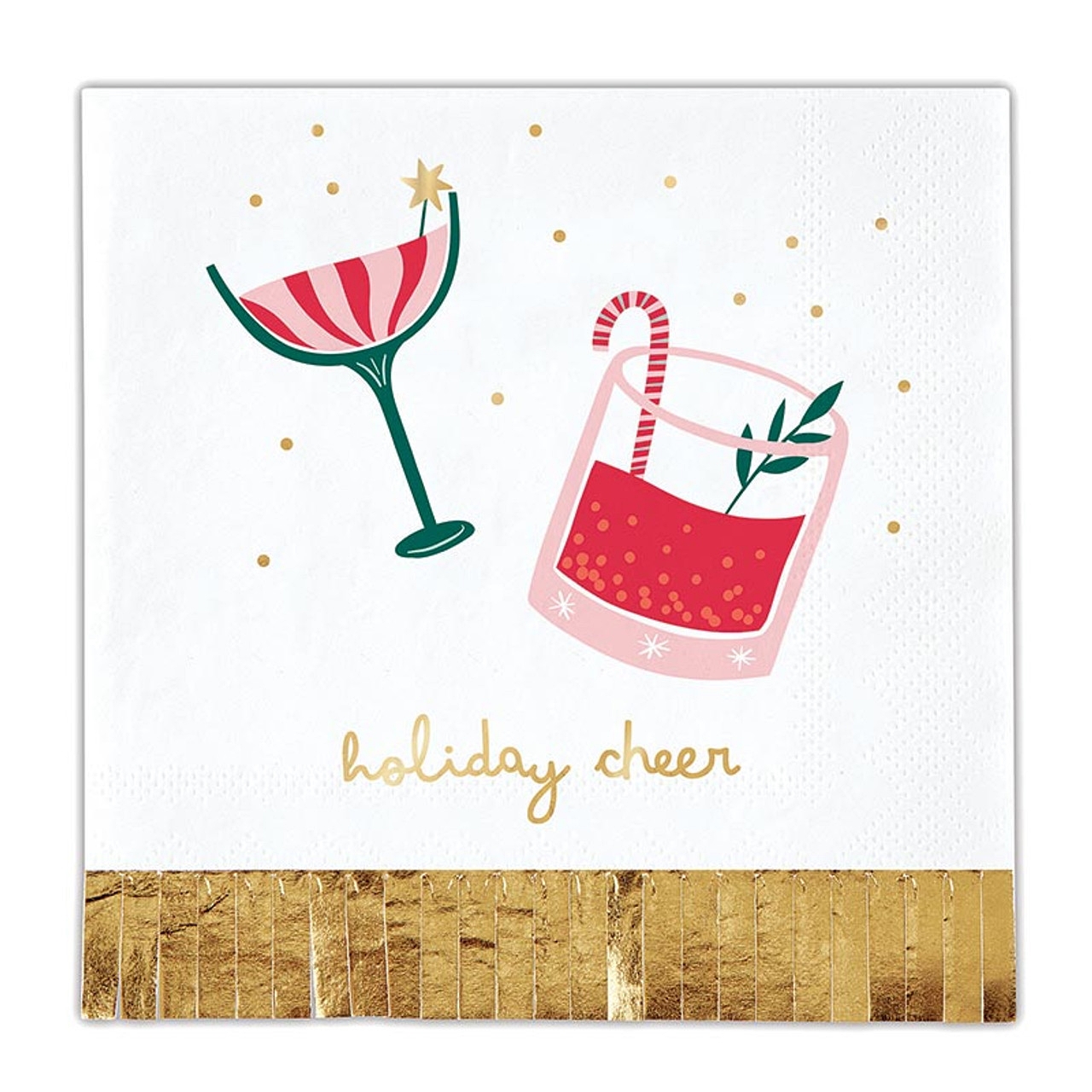 Festive 'Holiday Cheer' Cocktails Design Gold-Foil Fringe Napkins (Set of 160)