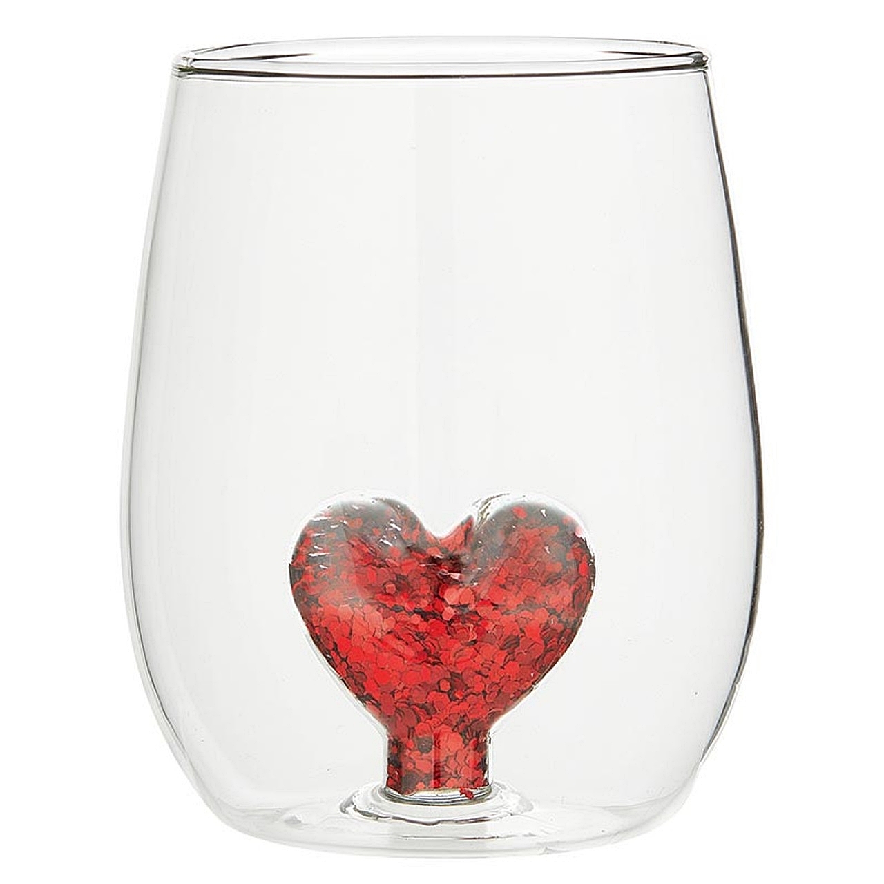 18oz Stemless Wine Glasses with 3D Glitter Valentine's Heart Figurine (Set of 6)