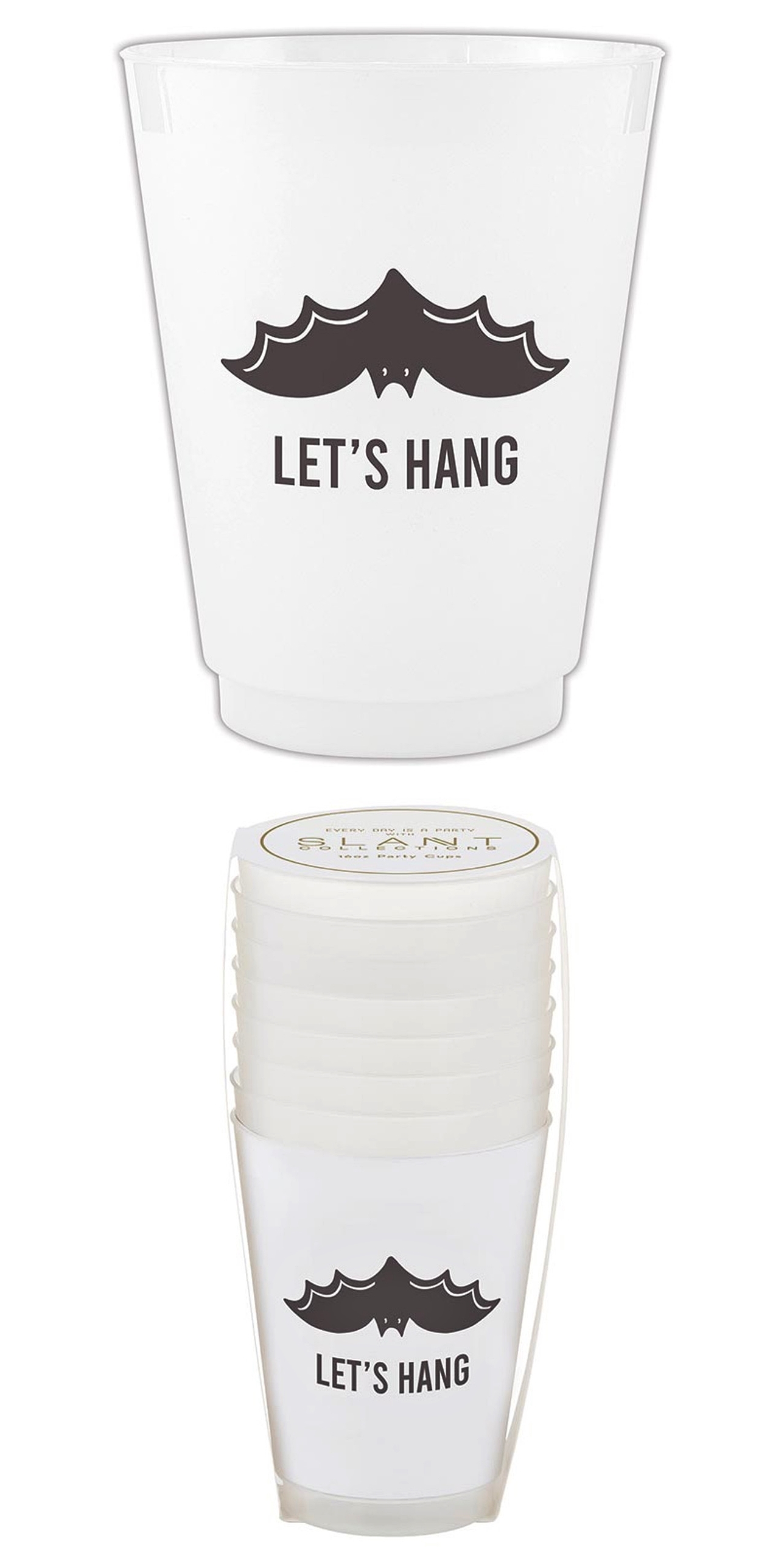 Let's Hang Black Bat Graphic on White Frost-Flex Cocktail Party Cups (Set of 48)