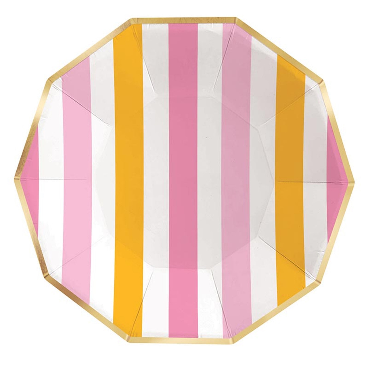 Pastel-Striped 'Cabana' Decagon-Shaped Gold Foil-Rimmed Paper Plates (Set of 48)