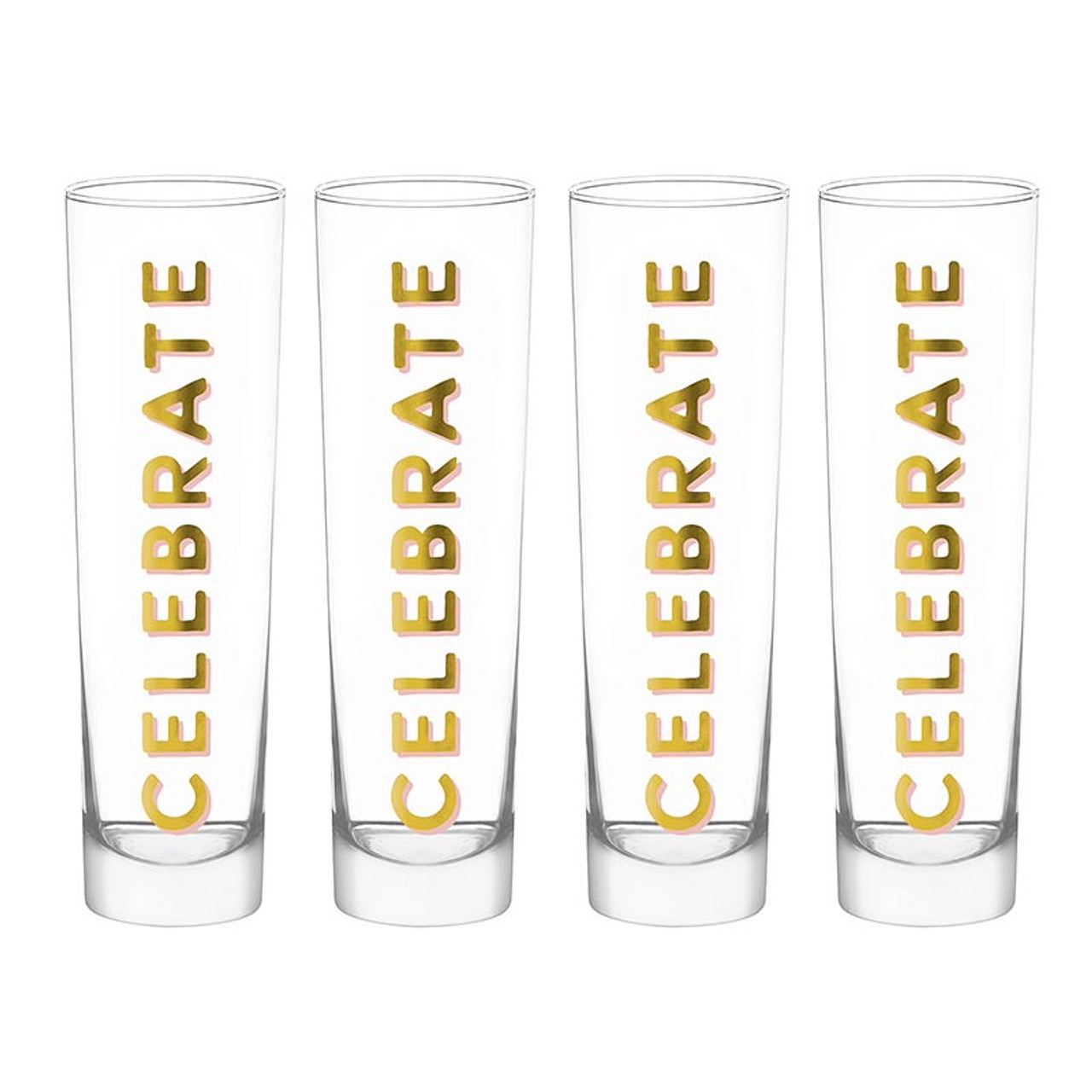 Bold Gold-Foil "CELEBRATE" Graphic Tall Champagne Glasses (Set of 16)