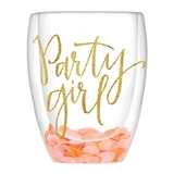 Double-Wall Stemless Wine Glasses with Gold Glitter 'Party Girl' Print (Set of 6)