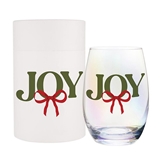 Holiday "JOY" with Red Bow Design Stemless Wine Glasses (Set of 6)