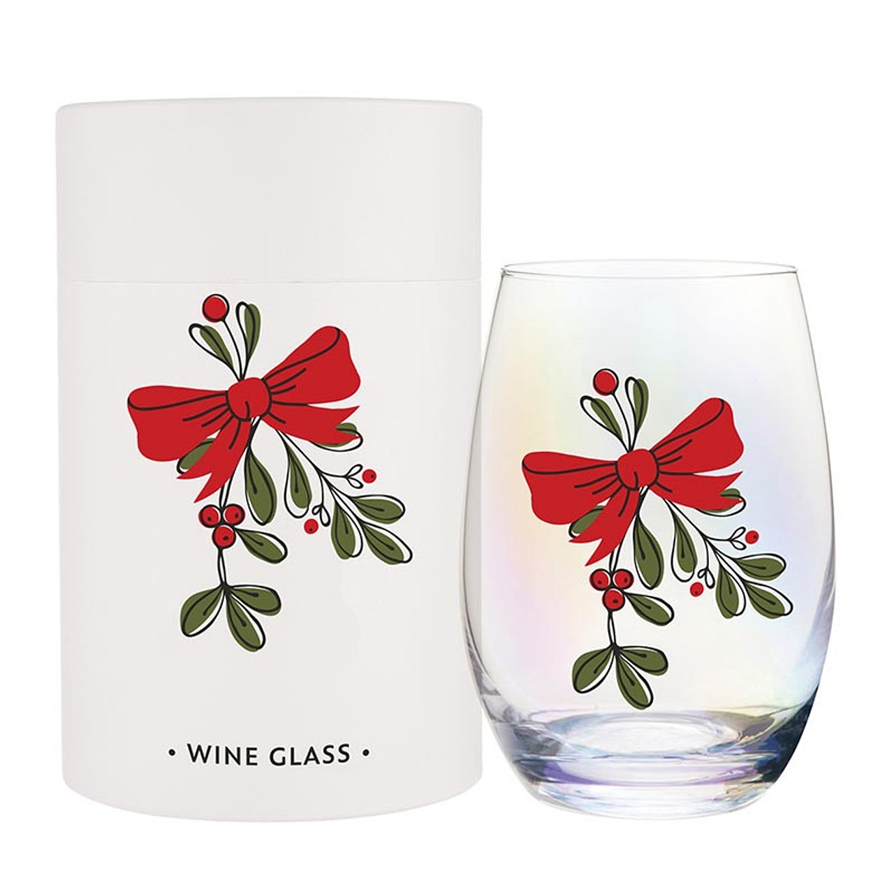 Holiday Mistletoe and Red Bow Design Stemless Wine Glasses (Set of 6)