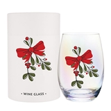Holiday Mistletoe and Red Bow Design Stemless Wine Glasses (Set of 6)