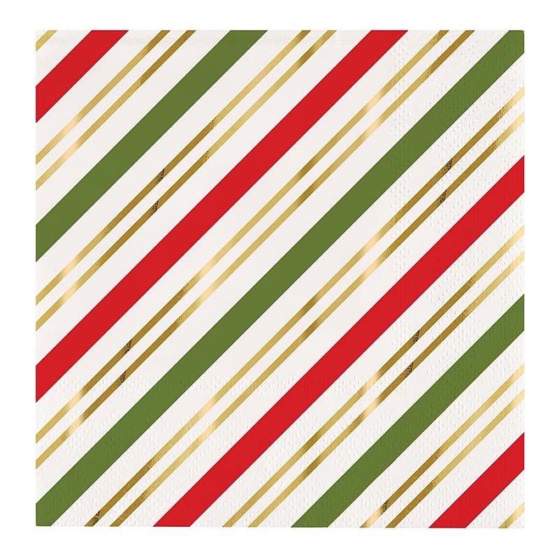 Holiday Red-and-Green-Striped with Gold-Foil Accents Beverage Napkins (Set of 160)