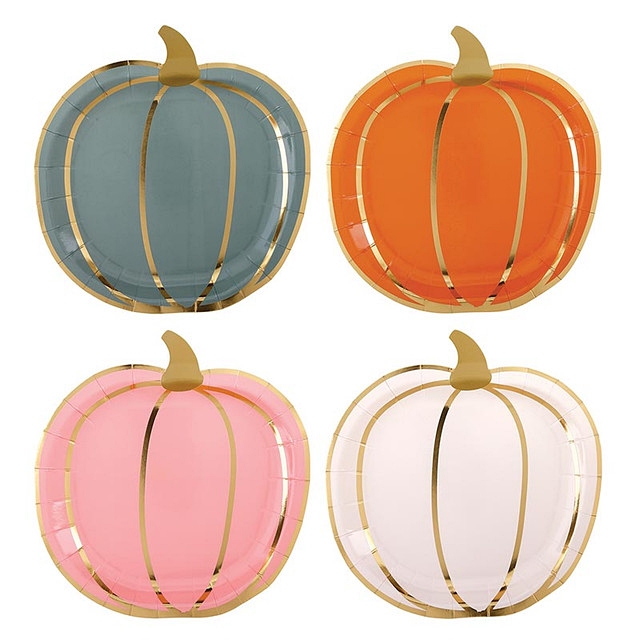Assorted Pumpkin-Shaped Paper Plates with Gold Foil Accents (Set of 64)