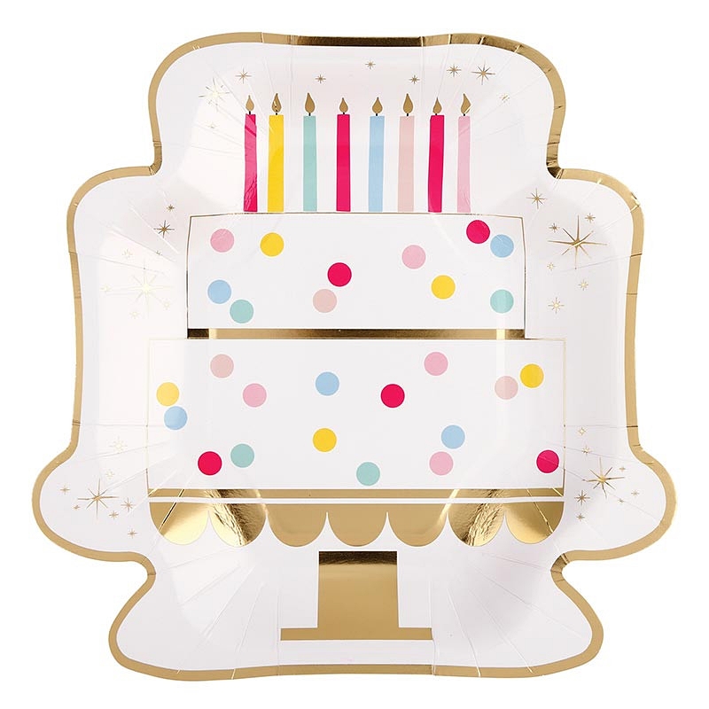 Colorful Birthday-Cake-Shaped Paper Plates with Gold-Foil Accents (Set of 64)