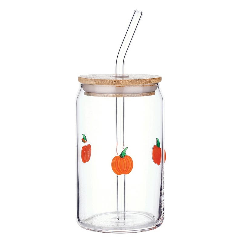 Festive Pumpkins Motif "Icon" Glass Tumblers with Lid and Straw (Set of 6)