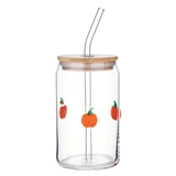 Festive Pumpkins Motif "Icon" Glass Tumblers with Lid and Straw (Set of 6)