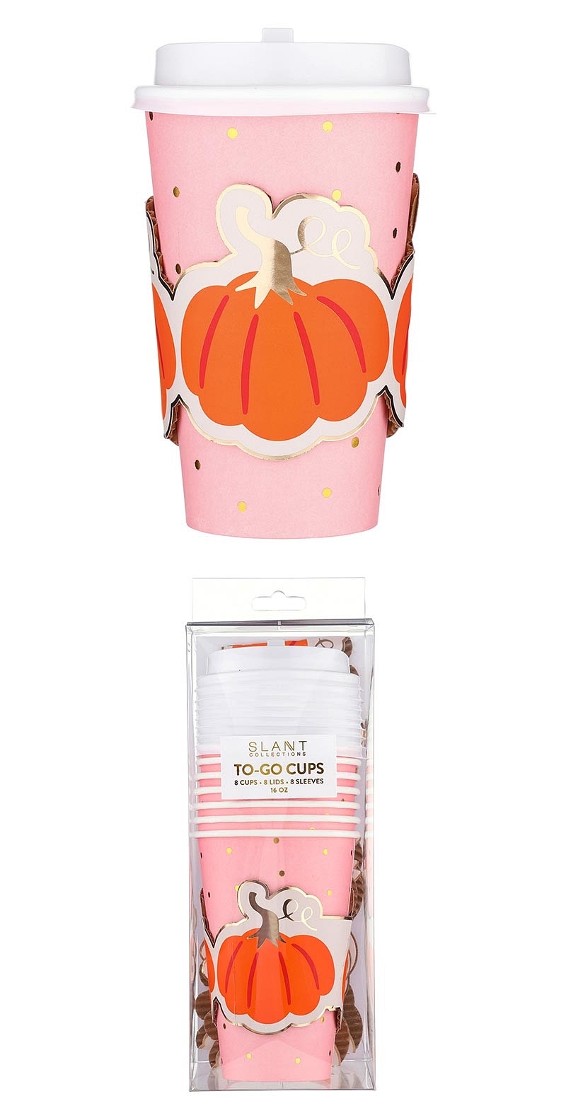 Seasonal 16oz Paper To-Go Cups with Pumpkin-Shaped Sleeves (Set of 64)