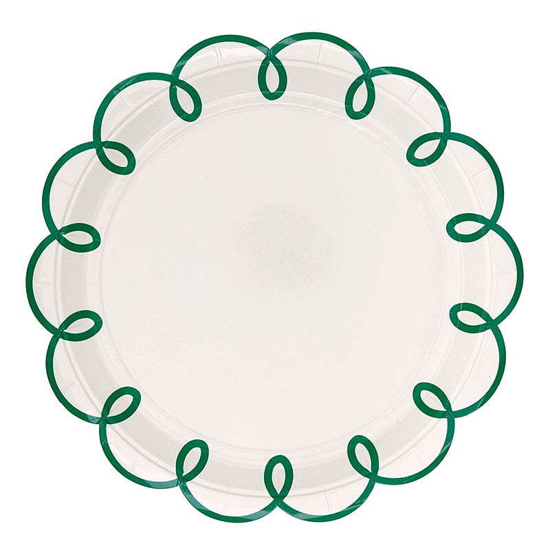 Mahjong-Inspired Green-Outlined Scalloped-Edge Round Paper Plates (Set of 64)