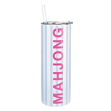 Pink MAHJONG Graphic on Blue-and-White Striped 16oz Skinny Tumblers (Set of 4)