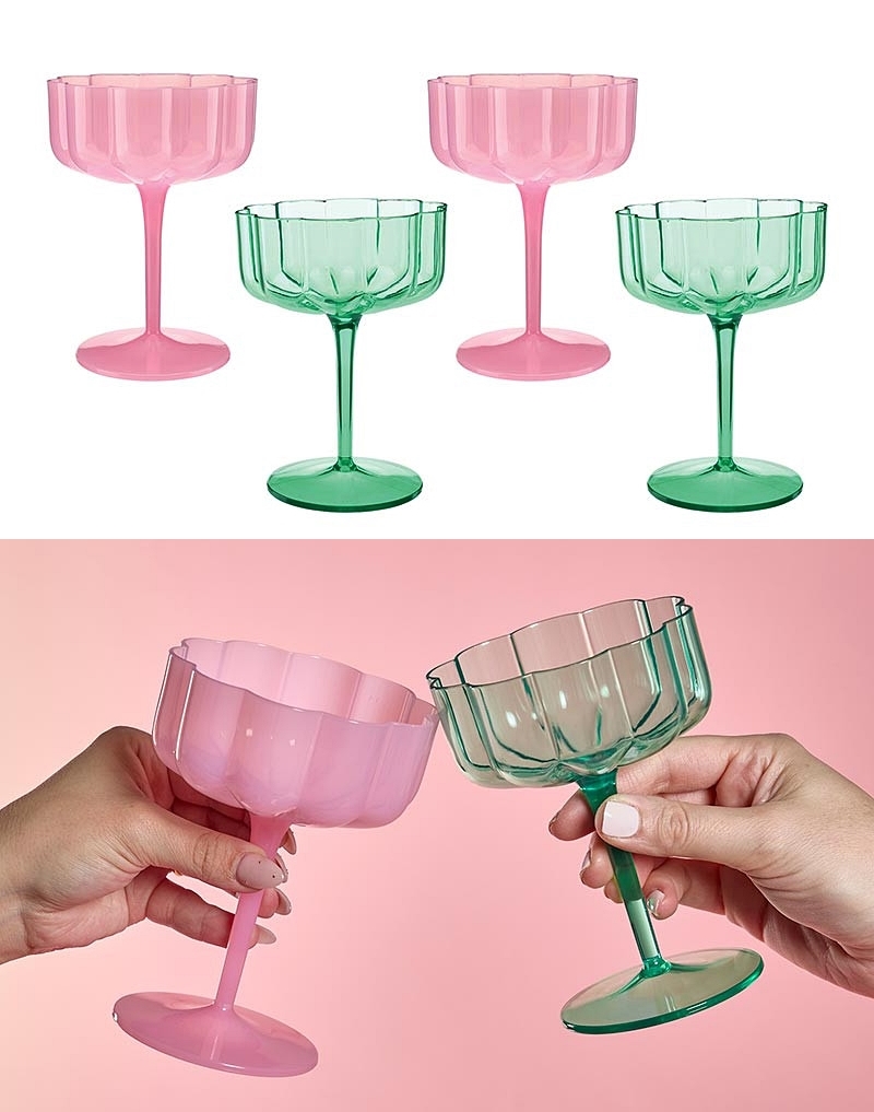 Mahjong-Inspired Pink and Green-Colored 8oz Plastic Coupe Glasses (Set of 4)