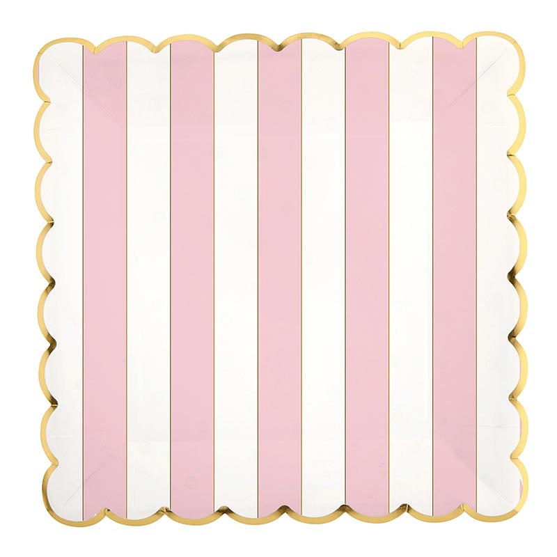 Pink-and-White-Striped Gold-Foil-Rimmed Scalloped-Edge Paper Plates (Set of 64)