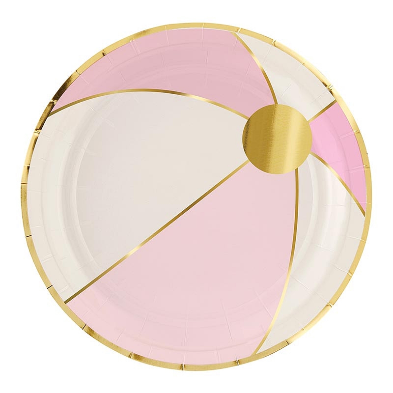 Pink-and-White Beach Ball-Shaped Paper Plates with Gold-Foil Accents (Set of 64)