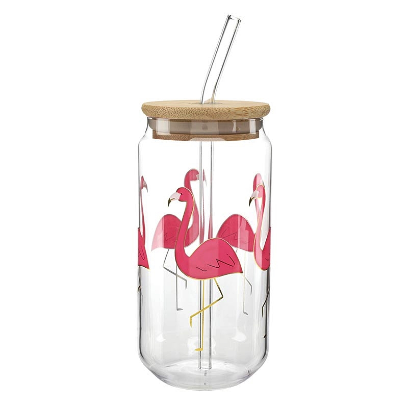 Flamingo Motif Glass Tumblers with Bamboo Lid and Straw (Set of 6)