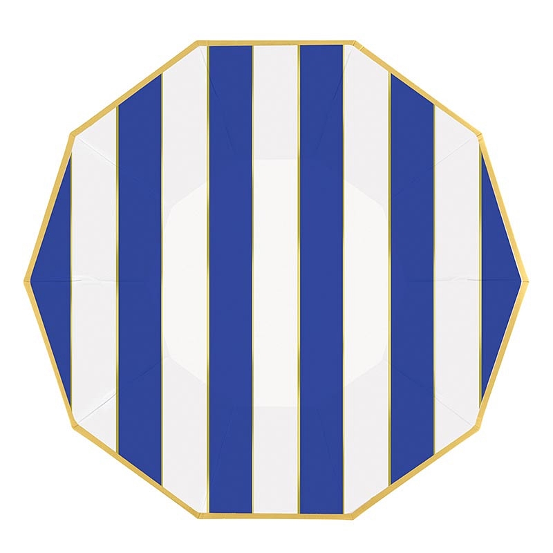 Coastal Blue-Striped Decagon-Shaped Gold Foil-Rimmed Paper Plates (Set of 64)