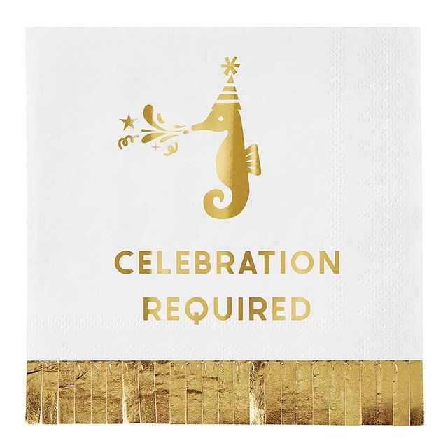 Seahorse 'Celebration Required' Design Gold-Foil Fringe Beverage Napkins (Set of 160)