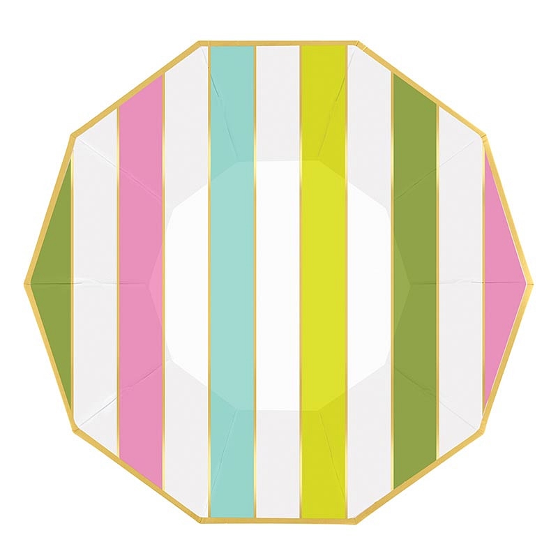 Colorful Multi-Striped Decagon-Shaped Gold Foil-Rimmed Paper Plates (Set of 64)