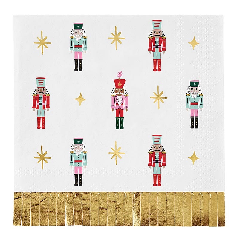Gold Foil-Fringed Festive Nutcracker Motif Beverage Napkins (Set of 160)