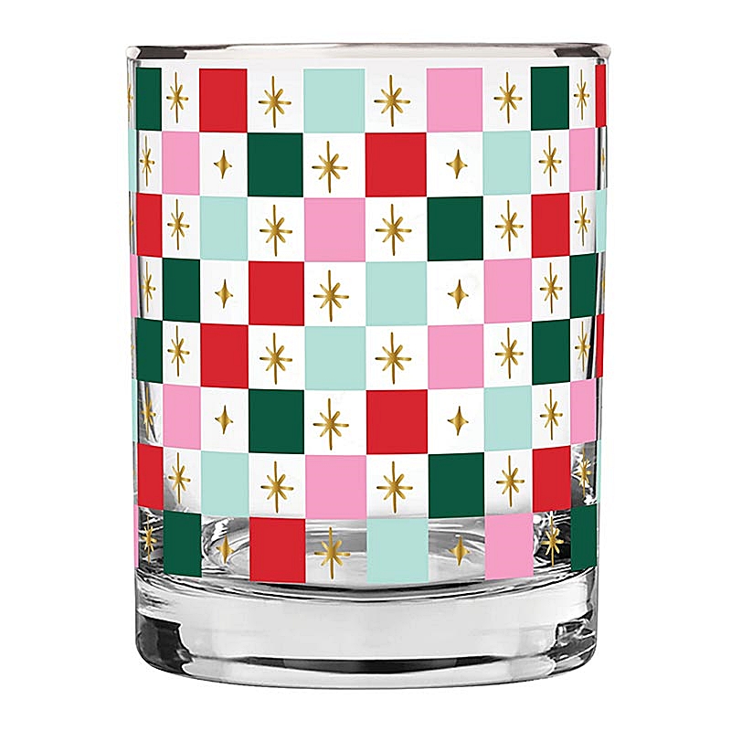 Holiday Checkerboard Pattern 14oz Double Old-Fashioned (DOF) Glasses (Set of 6)