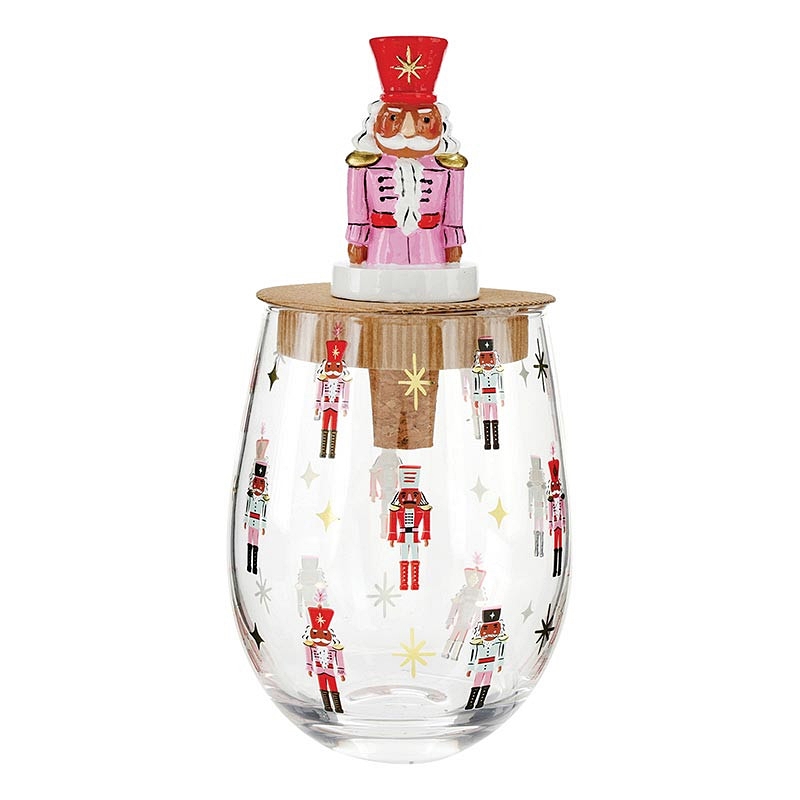 Nutcracker-Themed 20oz Stemless Wine Glasses with Nutcracker Bottle Stoppers (Set of 6)