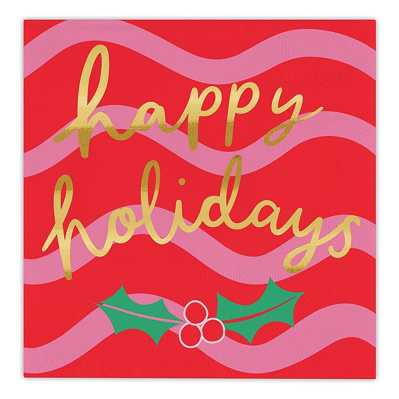 Gold-Foil 'Happy Holidays' Graphic above Mistletoe Design on Striped Napkins (Set of 160)