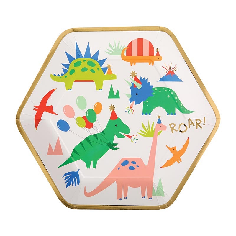 Dino Party Gold-Foil Edge Hexagonal Paper Dinner Plates (Set of 96)