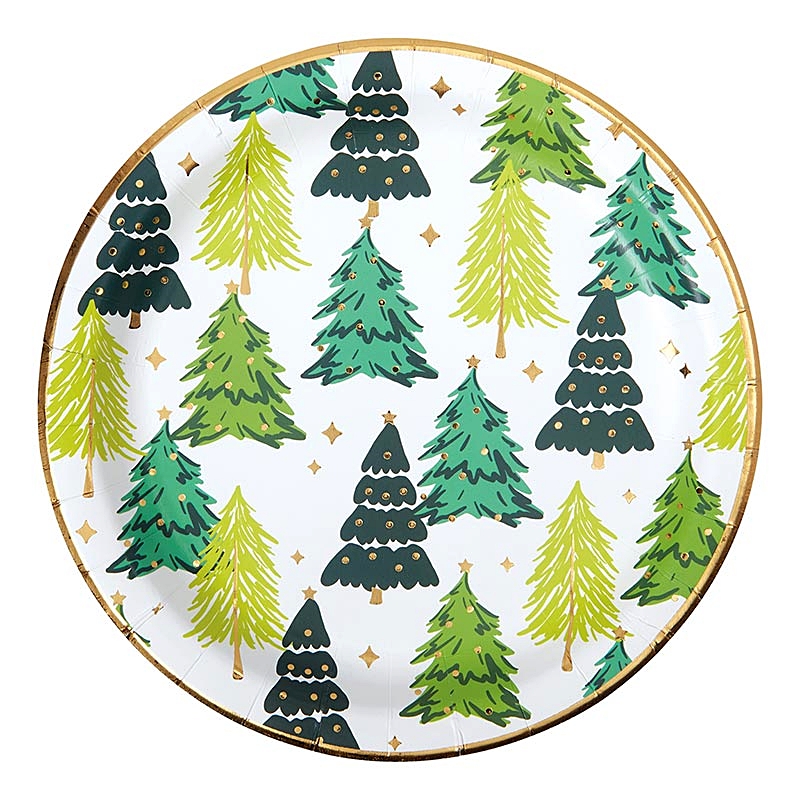 Holiday Trees Motif with Gold-Foil Accents Round Lunch Plates (Set of 96)