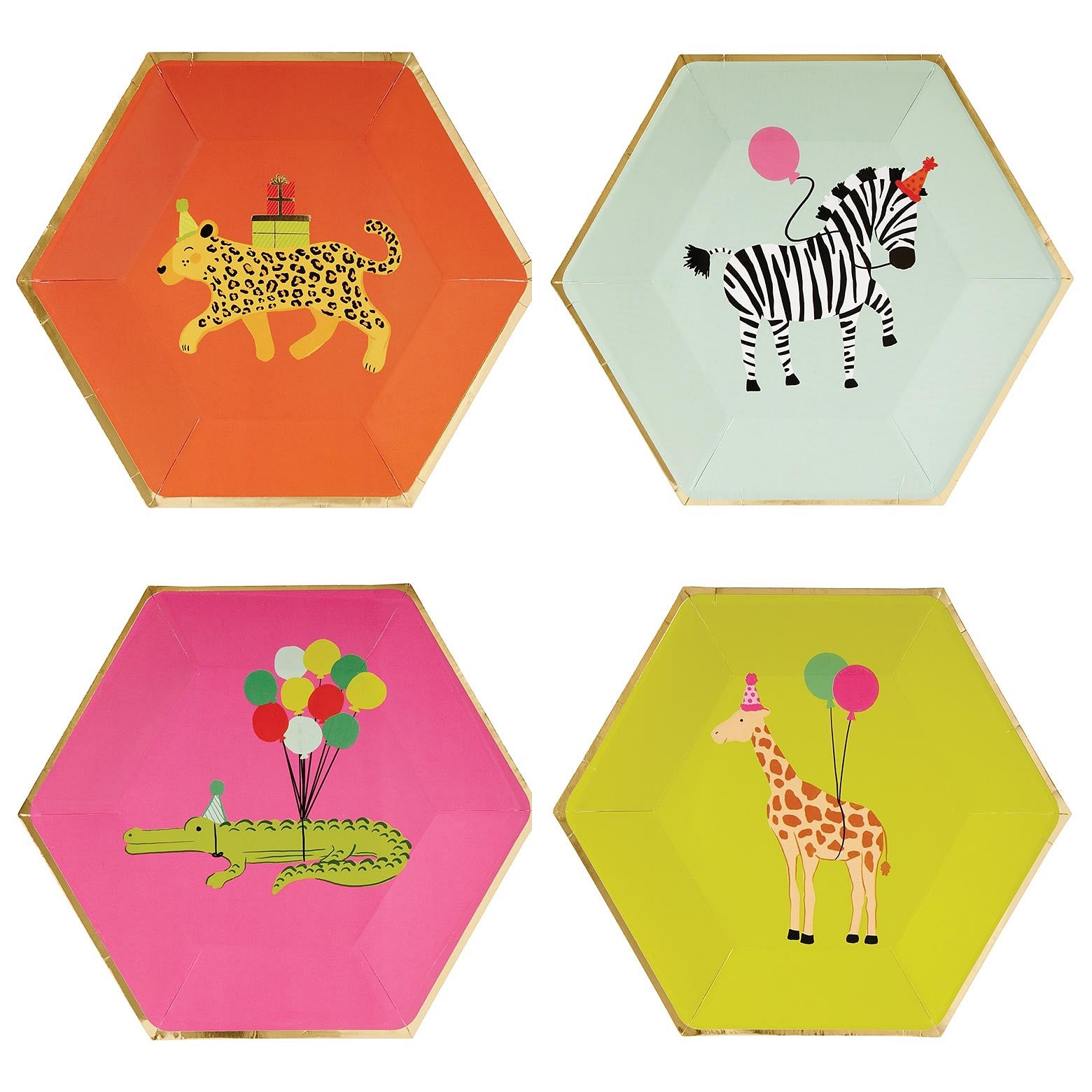 Party Animal Gold-Foil-Fringed Hexagonal Paper Plates (Assorted Set of 96)